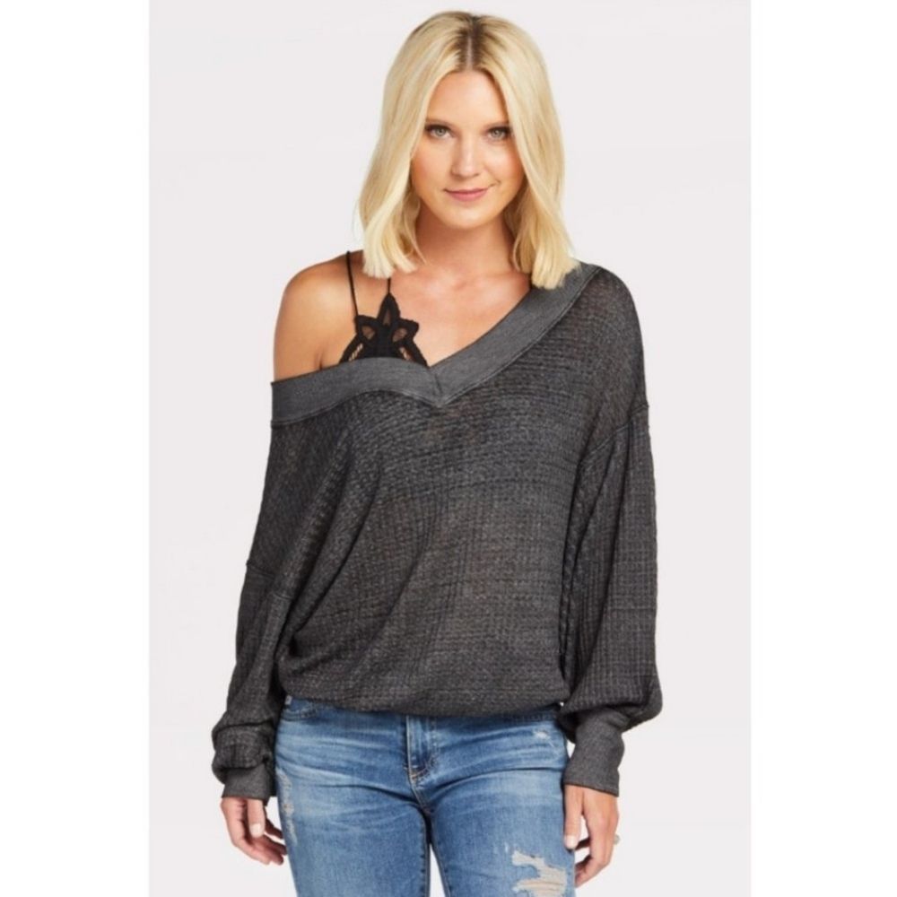 Free People Black Grayish Southside Thermal Pullover Top Size Small